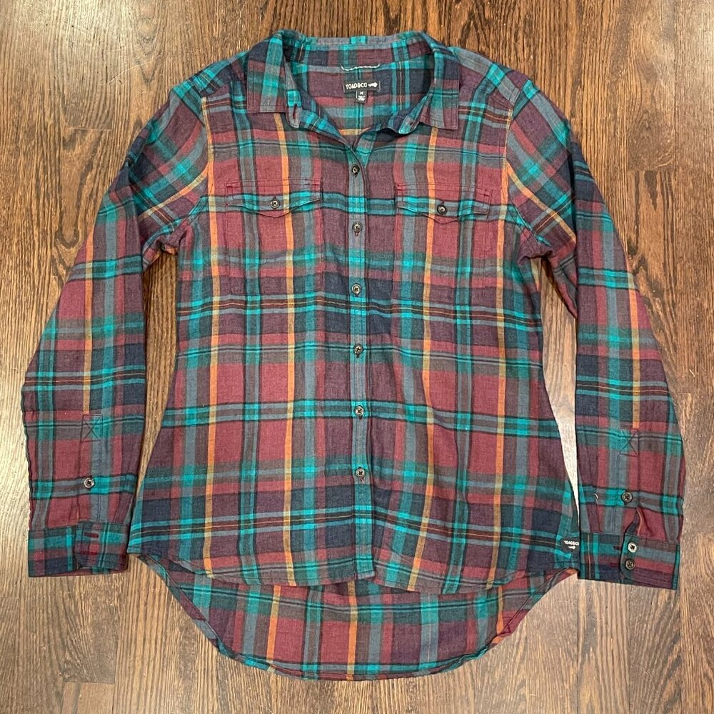 Toad&Co Re-Form Flannel Shirt M Green Purple Herringbone Eco-Friendly - Picture 2 of 8